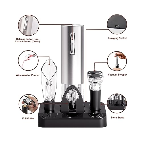 COKUNST Electric Wine Opener Set, 4-in-1 One-click Button Bottle Openers with Wine Pourer, Vacuum Stoppers, Foil Cutter for Wine Lovers Home Kitchen Party Wedding Bar - USB Rechargeable (Silver) - Image 2