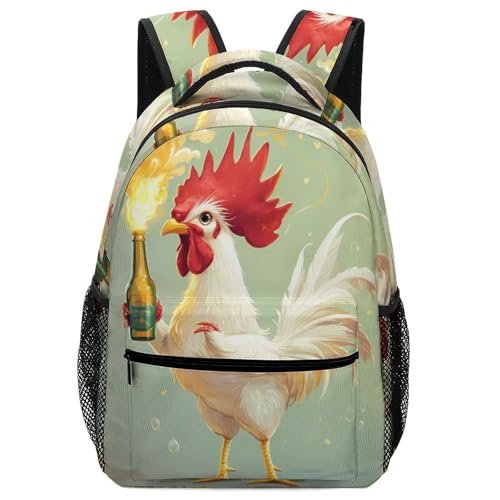Funny Beer Rooster Funny Backpack Casual Daypack Lightweight Shoulders Bag for Men Women Cute Print
