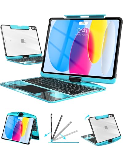 Image of Transparent Keyboard Case with Trackpad for iPad 11th Gen A16 (2025) & 10th Gen 10.9 inch (2022), 7-Color Backlit Wireless Bluetooth Keyboard with 360 Rotating Stand & Pencil Holder, Blue