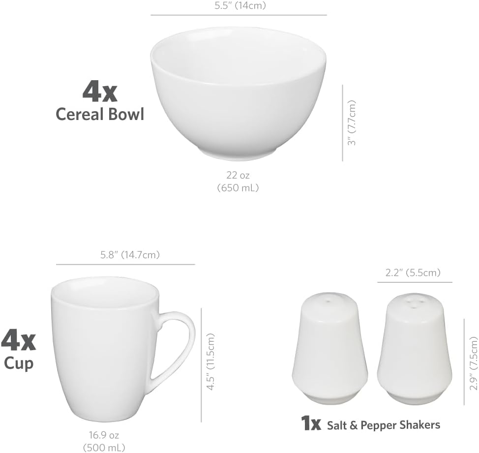 Glad Porcelain Dinnerware Set, 22pcs - White Round Kitchen Dishes, Microwave, Oven & Dishwasher Safe - Dinner Set with Plates, Bowls, Mugs, and Salt & Pepper Shakers