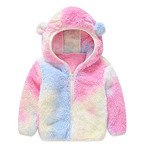 Toddler Girls Fleece Hooded Jacket Cute Tie Dye Coat With Bear Ears Zipper Winter Warm Solid Color Outerwear Jackets