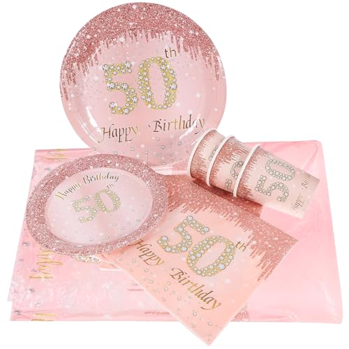 LOGOFUN 50th Birthday Party Tableware Set Birthday Party Dinnerware Kit Glitter Paper Plates Napkins