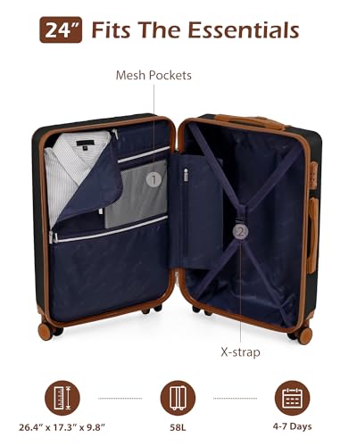 Image of Coolife Luggage, Suitcase with Durable and Lightweight, Checked Luggage with ABS Hardshell, Dual Spinner Wheels, TSA Lock, and YKK Zipper (apricot black, M(24in))
