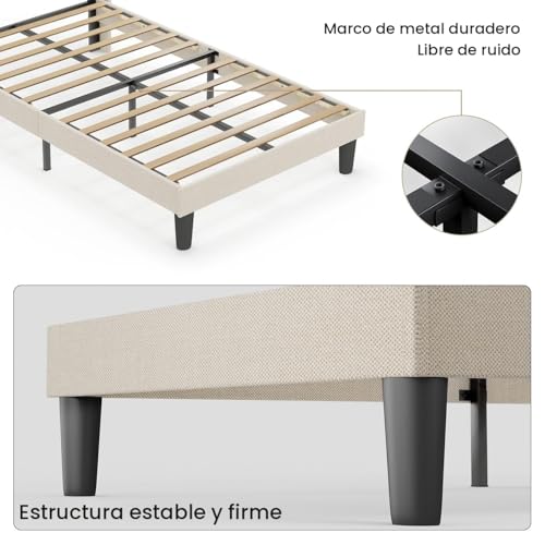 Miniatura 7 de Bealife Cama Tapizada 120x200 Cm Con Cabecero Alto, Somier De Láminas De Madera, Estructura De Cama De Metal Y Tela, Diseño Moderno Y Estable Beige