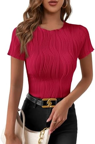 PRETTYGARDEN Women's Summer Tops 2025 Casual Short Sleeve Crewneck Slim Fit T Shirts Basic Knit Y2K Top Textured Blouse