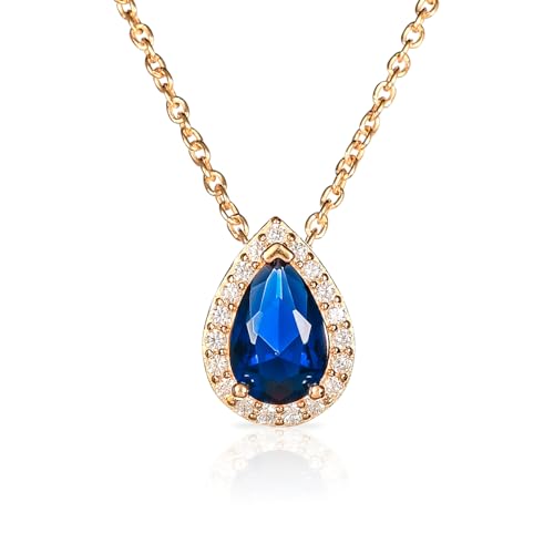 Diamond Treats Goldkette mit birnenförmigem Anhänger aus 925er Sterlingsilber mit einem blauen Zirkonia-Stein, Saphirblaue Halskette aus Gold für Frauen, Blaue Kette Gold für Damen