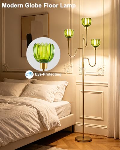 Image of Lightdot Dimmable Green Glass Floor Lamp Mid Century Modern Gold Floor Lamps with Warm White Bulbs Included 3-Arm Standing Tall Lamp with 5Lbs Heavy Base for Living Room /Bedroom /Home Office