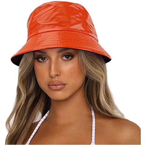Reversible PU Leather Bucket Hats for Women Solid Color Double Wear Summer Hat Unisex (Orange) Cover