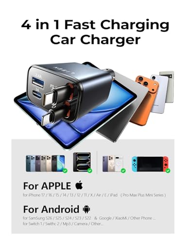 LISEN 4-in-1 84W Retractable Car Charger w/ Dual USB-C & USB-A Ports - image 7