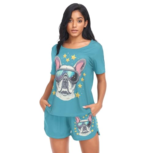 Pyjama 2 pièces bleu à motif bulldog et étoiles pour des nuits douces