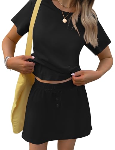 Image of TCOT Pajamas for Women Set Summer Fashion Short Sleeve Crewneck Tops with Skirt Sets Pajama Casual Loungewear