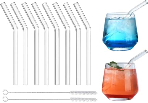 VITEVER Wiederverwendbar Glasstrohhalme 6 in x 10 mm Kurze gebogene Klarglas-Cocktailstrohhalme für Whiskey Kaffee Soda Wasser Packung mit 8 mit Bürste