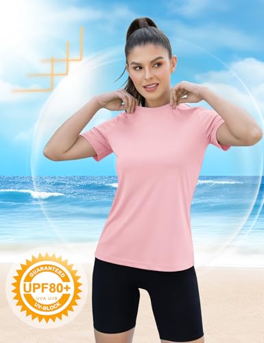 Rapbin Sport Oberteile Damen Kurzarm Sport Tshirt Damen Fitness,Kurzarmshirt WorkoutTops UPF 80+ Kurzarm(Tiefes Pink,M)