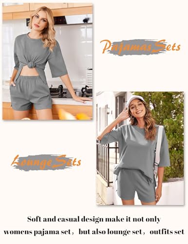 Image of Ekouaer Pajamas for Women Set 2 Piece PJ Soft Comfy Lounge Sets Short Sleeve Tops Shorts Sets Cotton Sleepwear S-XXL