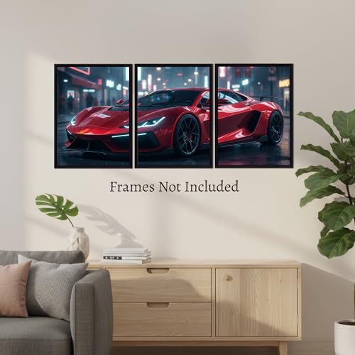 Image of BeauKraft Supercar Racing Poster Set for Wall - 3 Panel Split Posters (12x16 inches each, Unframed), Sports Car Wall Art Decor for Boys Room, Living Room, Garage & Men's Bedroom (Red)