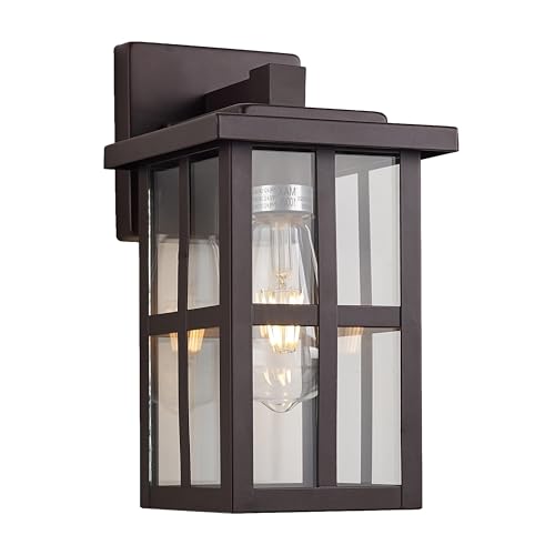 Image of MICSIU 11 inch Bronze Farmhouse Outdoor Wall Light Fixture 1 Pack | No Assembly Required, Clear Glass, Anti-Rust Metal Outside Sconce for House Porch Garage