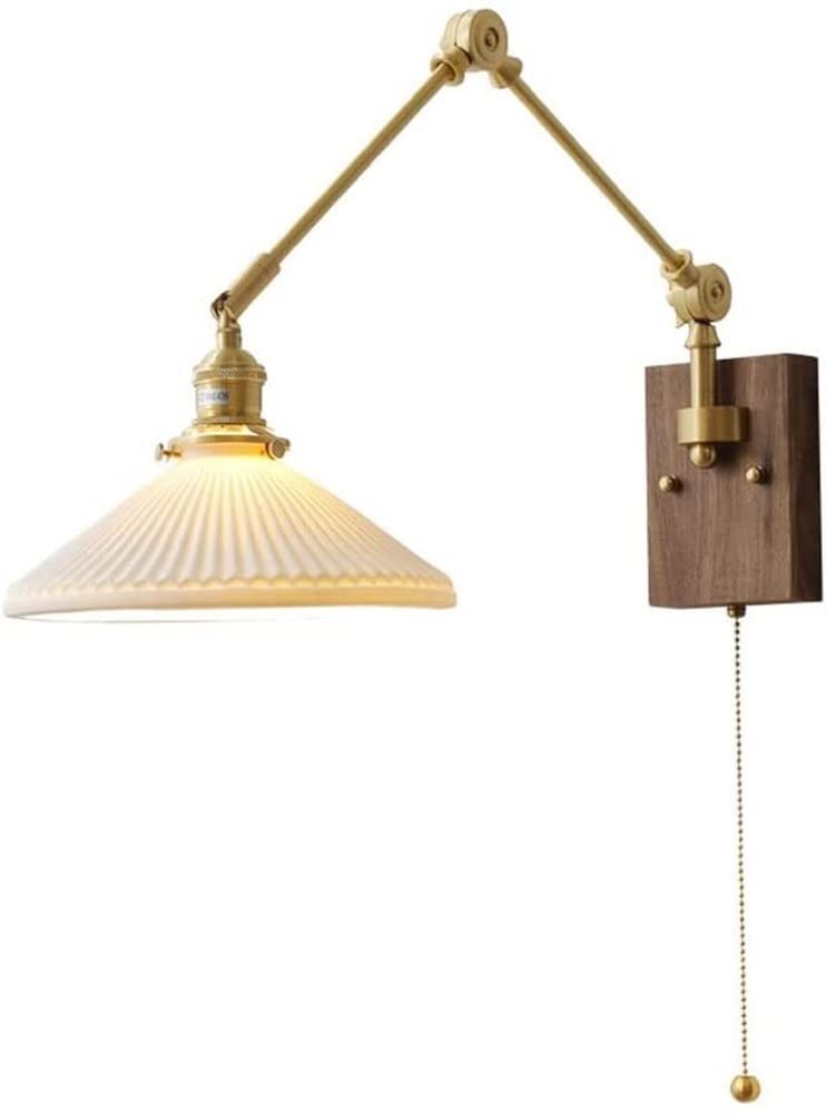 HPTHLY Wall Lamp Japanese Brass Wall Lights Indoor Swing Arm Adjustable With Switch White Ceramic Shade Bedroom Bedside Reading Lamp Wall Mount Sconce Fixtur