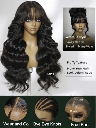 Image of KLAIYI Pre Everything Glueless 13x4 Lace Front Wigs Human Hair Loose Body Wave Bye Bye Knots Pre Cut Lace Pre Bleached Pre Plucked 30S Ready to Wear And Go Frontal Wig with Natural Curtain Bang 22Inch