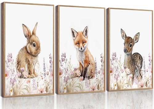 Image of TOLAN 3 Pcs Safari Animals Nursery Canvas Wall Art Girl Animal Floral Woodland Watercolor Prints Pictures Wall Decor Rabbit Fox Deer Watercolor Poster Printing Artwork for Girls Room Unframed