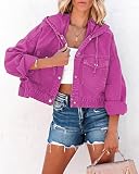 LITTLA Jeans Jacket Damen, Damen-Jeansjacke Mit Kapuze Rosérote Waschung Verblasste Langarm-Knopf-Bomber-Jeansjacke Vintage-Stil Kurzer Denim-Mantel Frühling Übergang Lässige Oberbekleidung XL