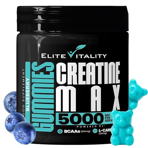 Creatine Monohydrate 90 Gummies 5000mg + BCAAs & L-Carnitine – 3rd Party Lab Tested, Vegan, Sugar-Free, Pre Workout Muscle Growth & Recovery Gym Supplement for Men & Women – Tangy Blueberry Blast