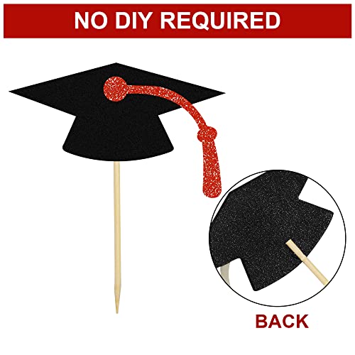 2023 Glitter Graduation Cupcake Topper, 48 Pcs Red Cake Decorations 2023 Diploma Grad Cap Cake Toppers Food Picks For Graduation Party Supplies #TOP2