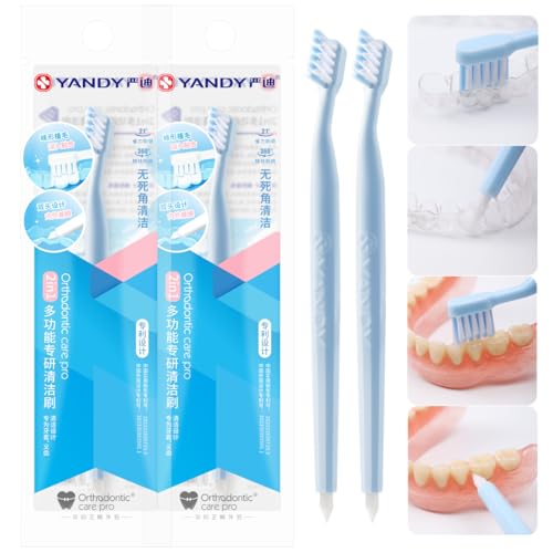 YANDY Denture Brush Dual Head - Soft Bristle Toothbrush for Dentures, Retainers & Aligners - Double Sided Cleaning for Effective Grime Removal - Comfort Grip Handle (Pack of 2)