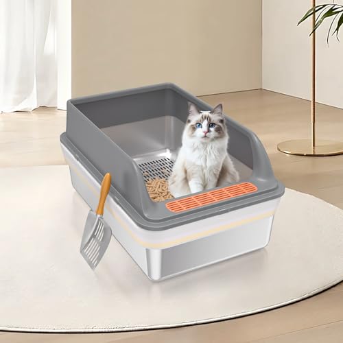 Caja de arena de acero inoxidable con tapa para gatos pequeños 7