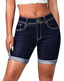 roswear Women's Mid Rise Skinny Butt Lifting Stretchy Bermuda Jeans Shorts Dark Blue Large