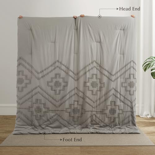 Image of Oli Anderson Boho Tufted Comforter Set Queen Size, 3 Pcs Soft Jacquard Bedding Set for All Seasons, Shabby Chic Farmhouse Bedding Set with Comforters for All Seasons (Grey, Queen)