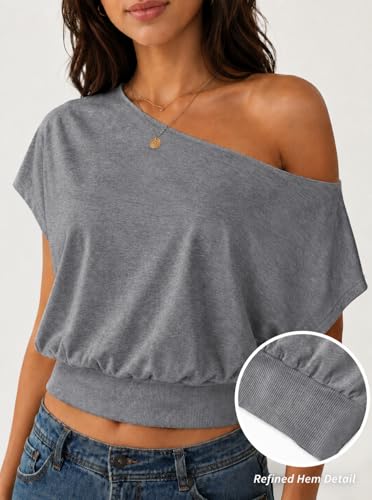Image of SOFIA'S CHOICE Women's Off The Shoulder T Shirt Crop Top Casual Summer Dolman Sleeve Asymmetrical Cinched Waist Tops