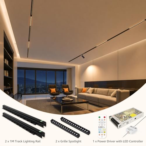 Track Lighting Rail Kit, 2PCS Magnetic Track Lighting Rail, 2PCS 15W Grille Spotlight Magnetic Track Head, 1PCS 200W Low Voltage LED Power Driver, Complete Track Lighting kit for Living Room, Kitchen