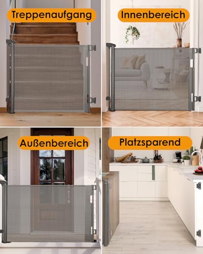 derimkcoa Treppenschutzgitter Ausziehbar für Babys, 0-140 cm Baby Absperrgitter Türschutzgitter Treppenschutzrollo,Tierschutzgitter Geeignet für Treppen/Türen/Innen & Außen (Grau)