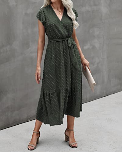 Image of BTFBM Women Summer Bohemian Floral Casual Wrap V Neck Ruffle Cap Sleeveless Belt A-Line Pleated Hem Midi Sun Dress White