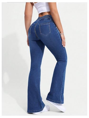 WDIRARA Women's Flared Jeans Smocked High Waisted Bell Bottom Skinny Denim Pants4
