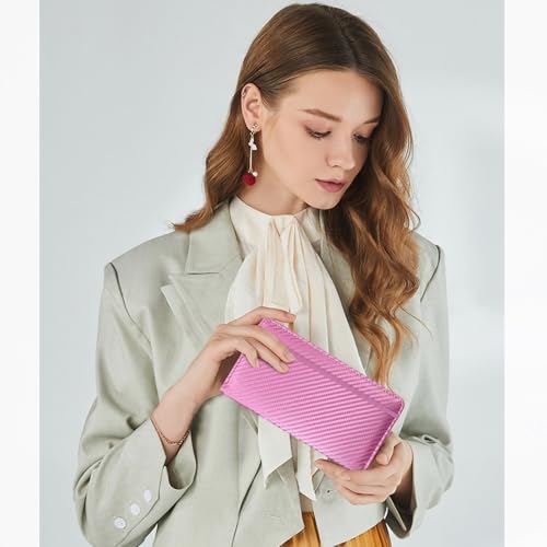 Image of Checkbook Cover for Men Women, Premium Leather Checkbook Holder with RFID Blocking and Built in Clear Plastic Divider for Personal and Business Checks (Pink Carbon)