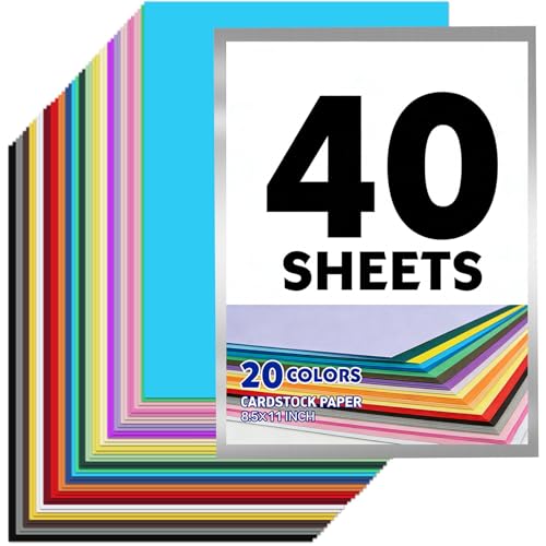 Colored Cardstock Paper 8.5” x 11”, 40 Sheets, 20 Assorted Colors, 200gsm / 75lb Thick Smooth Card Stock for Card Making, DIY Crafts, Scrapbooking, Printing & Projects