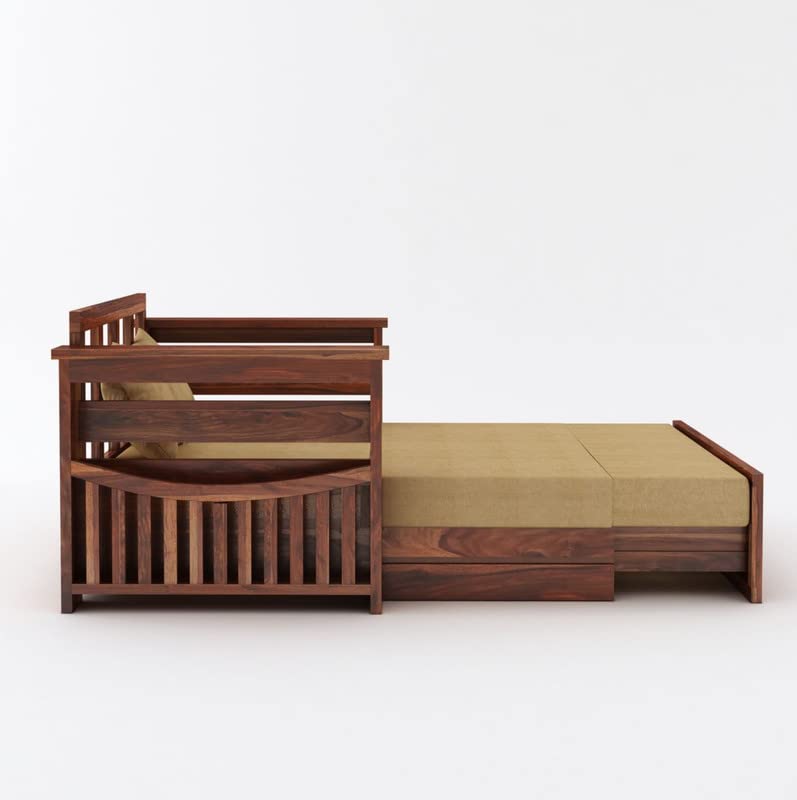 Image of Solid Sheesham Wood 2 Seater Diamond Sofa Cum Bed for Living Room with Storage and Side Pockets Couch Diwan Wooden Bedroom Furniture Two Seater Sofa for Home Hall and Office (Honey Finish)