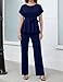 Women's 2 Piece Outfits Suit Set Short Sleeve Peplum Top Flared Pants Sets Business Pantsuits Navy XXL