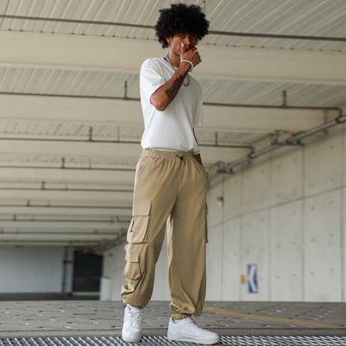 ZAFUL Men's Baggy Cargo Pants - Elastic Waist Drawstring Parachute Trousers with Pockets - Casual Street Hip Hop Style - Thumbnail 6