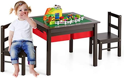 Maxmass Kids Table & Chair Set, Wooden Activity Play Table with 2 Chairs, Double-Sided Tabletop and 2 Storage Drawers, Toddler Furniture Set for Drawing, Writing, Reading, Eating (Coffee)