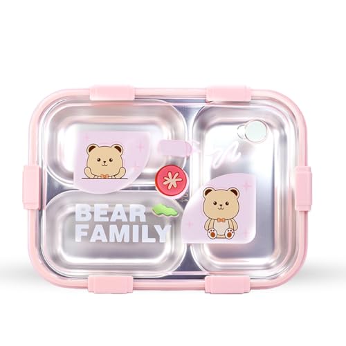 Image of Attro Bento 3 Deluxe Lunch Box with Inner Stainless Steel & Secure Lock Cute Eye Catchy Design Food Grade, Leakproof, Vacuum Seal Design Use for School Kids & Outdoor- 750ml Soft Pink