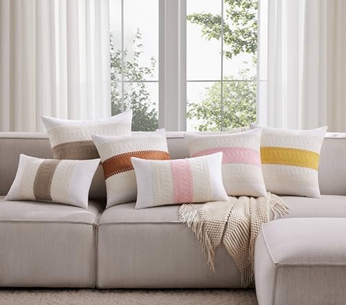 YZJZEDS Soft Cotton Boho Throw Pillow Covers Set of 2, Natural White/Contrast Mustard Yellow 24x24 Inch, Mustard Yellow Farmhouse Decorative Cushion Covers for Sofa Bed Living Room Home Decor by YZJZEDS - Used condition - Image 7