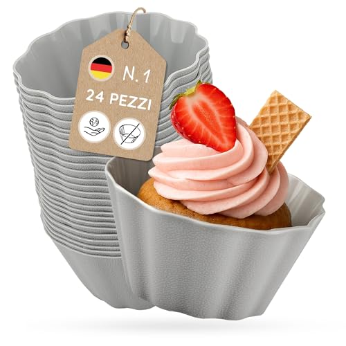Backefix Stampi per muffin riutilizzabili in silicone senza BPA, in set da 24 pezzi, conformi agli standard tedeschi, antiaderenti senza grassi, stabili e spessi, stampi per muffin singolarmente da