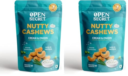 Image of Open Secret 100% Natural Premium Cream and Onion Salted Cashews 135 g Pack| Whole Crunchy Salted Cashew | Premium Kaju Nuts | Nutritious & Delicious | Gluten Free & Protein (Pack of 2)