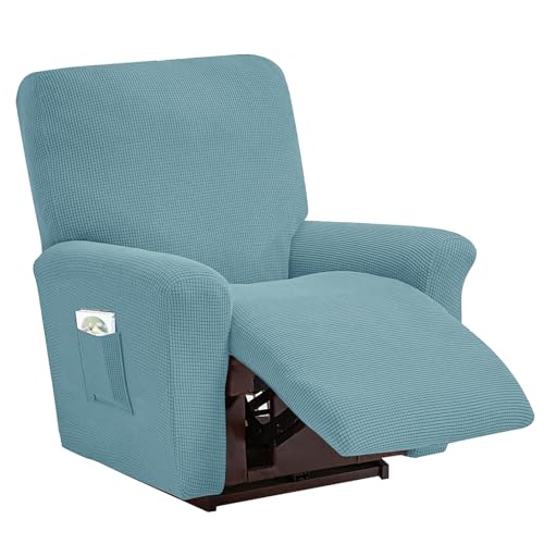 Funda Sillon Relax Reclinable 1 Plaza Jacquard,Funda de Sillón Relax Elastica 4 Piezas,Funda para Sofá Reclinable con Bolsillos Laterales,Antideslizante Protector Extraíbles y Lavables,Azul Claro