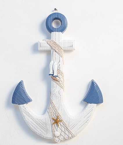 zmgmsmh Ancora in legno nautica da 45,7 cm, decorazione rustica da parete, scultura artistica da parete a tema spiaggia, lago o faro (blu bianco)