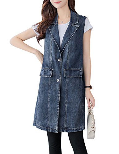 Springrain Women's Notch Lapel Sleeveless Outerwear Mid Long Denim Vests (Blue, Small)