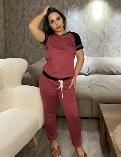 Image of Ekouaer Lounge Sets for Women Two Piece Pajama Set Short Sleeve Crewneck Jogger Outfits and Sweatpants Tracksuit