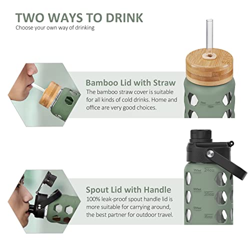 MUKOKO-24oz-Glass-Water-Bottle-with-2-Lids-Handle-Flip-LidBamboo-Straw-LidMotivational-Water-Tumbler-with-Time-Marker-Reminder-and-Silicone-Sleeve-Leakproof-Olive